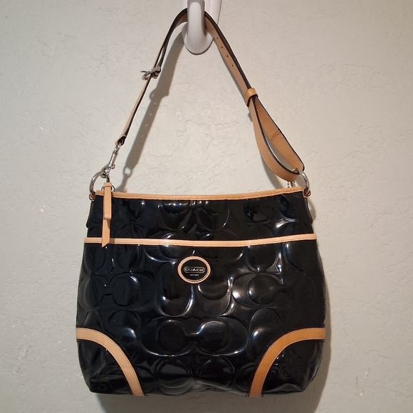 Coach Peyton Embossed Patent Leather Shoulder Bag Black-Tan - Picture 15 of 15